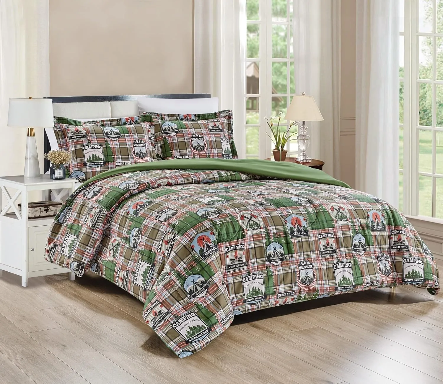 Chezmoi Collection 3-Piece Country Cabin Lodge Camping Outdoor Wilderness Microfiber Printed Comforter Set, King, Green