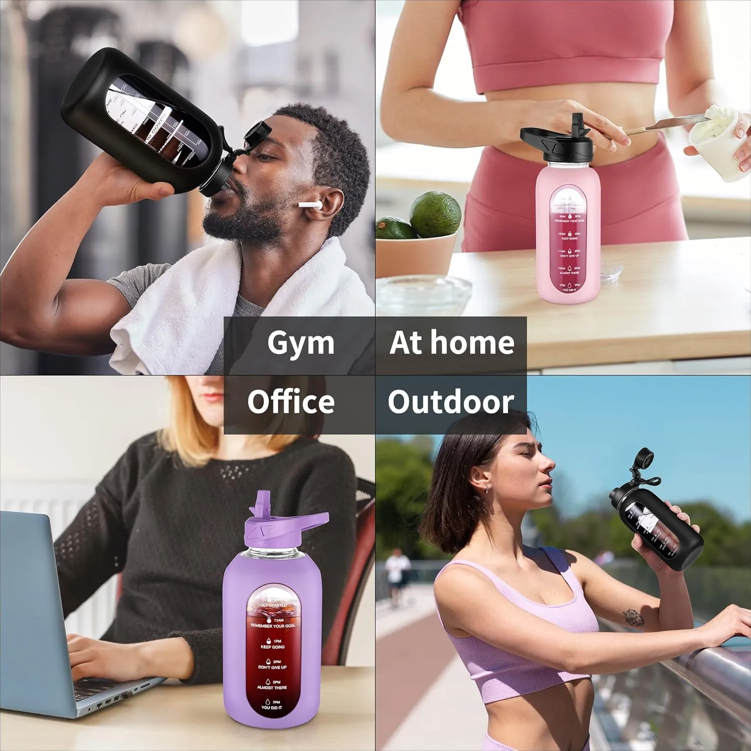CIVAGO 40 oz Glass Water Bottle with Straw and Handle, Large Sports Motivational Water Bottle Flask with Time Marker and 2 Lids, Leakproof Water Jug Canteen with Silicone Sleeve for Gym,Navy