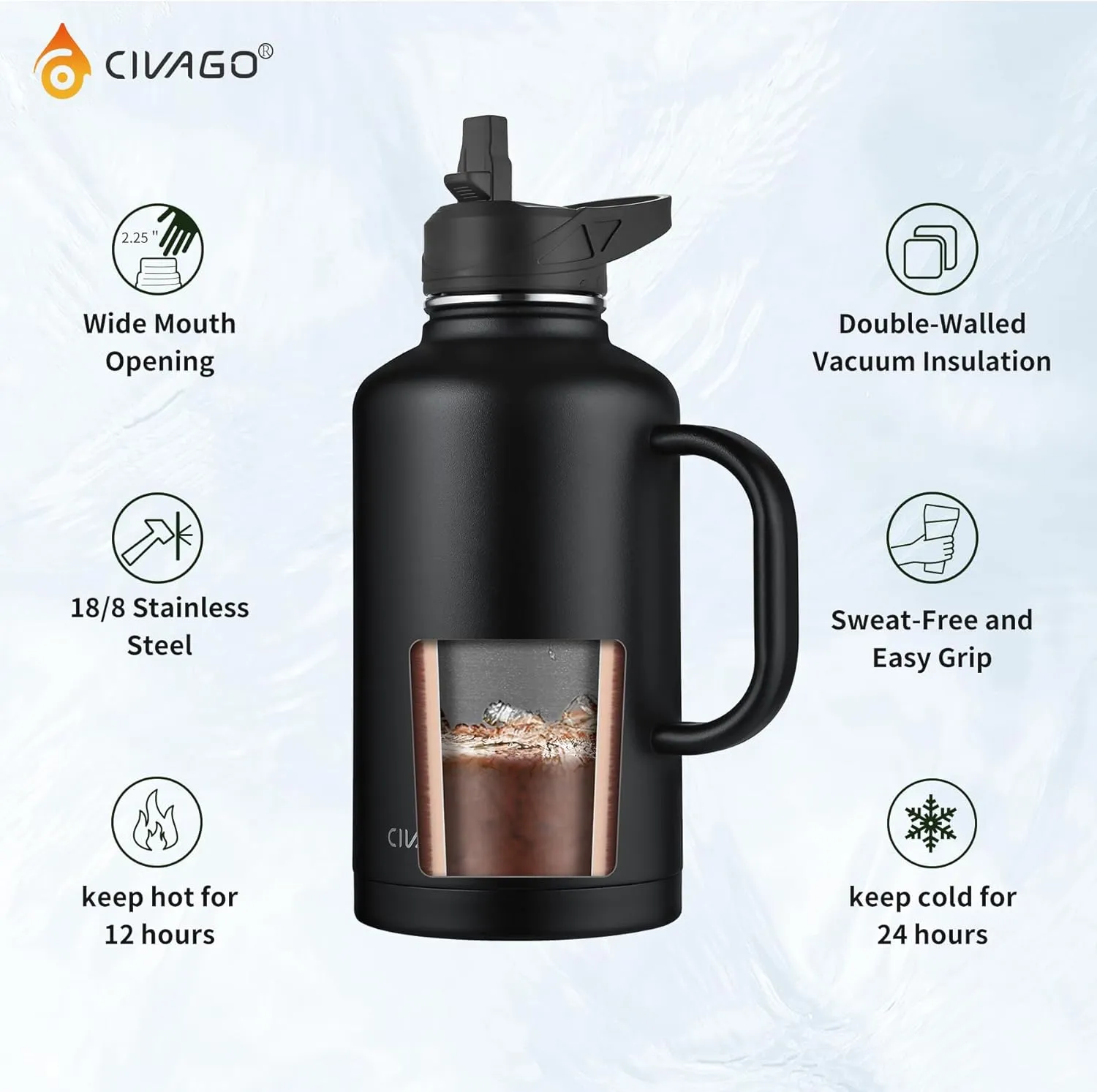 CIVAGO 64 oz Insulated Water Bottle Jug with Straw and Handle, Half Gallon Stainless Steel Water Flask, Large Sports Metal Water Bottle with Straw Lid (3 Lids), Big Thermal Mug Cup, Navy Blue