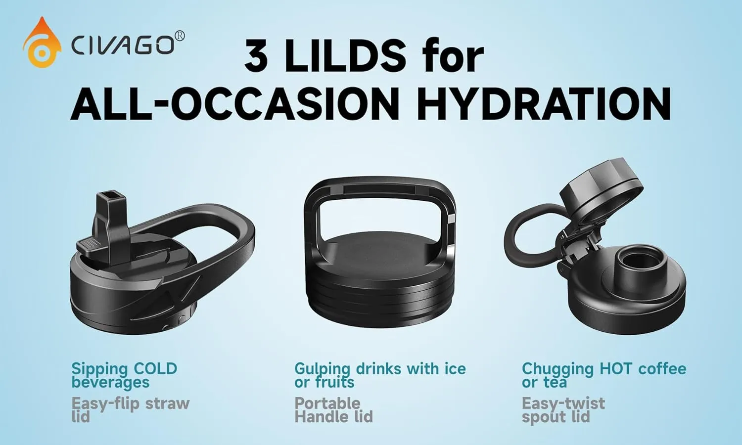 CIVAGO 64 oz Insulated Water Bottle With Straw, Half Gallon Stainless Steel Sports Water Flask Jug with 3 Lids (Straw, Spout and Handle Lid), Large Metal Thermal Cup Mug, Midnight Black
