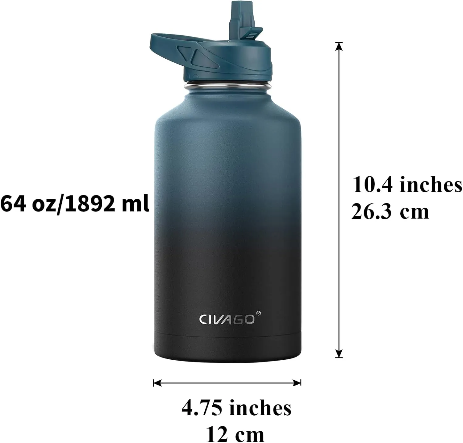 CIVAGO 64 oz Insulated Water Bottle With Straw, Half Gallon Stainless Steel Sports Water Flask Jug with 3 Lids (Straw, Spout and Handle Lid), Large Metal Thermal Cup Mug, Navy Blue