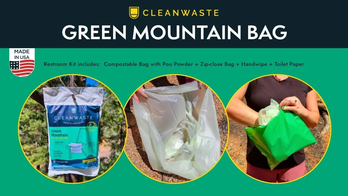 Cleanwaste Green Mountain Compostable Portable Toilet Bag (50 Pack) - No Leaks - Gelling Poo Powder with Odor Control, Handwipe & Toilet Paper (Camping, Hiking, Outdoor)