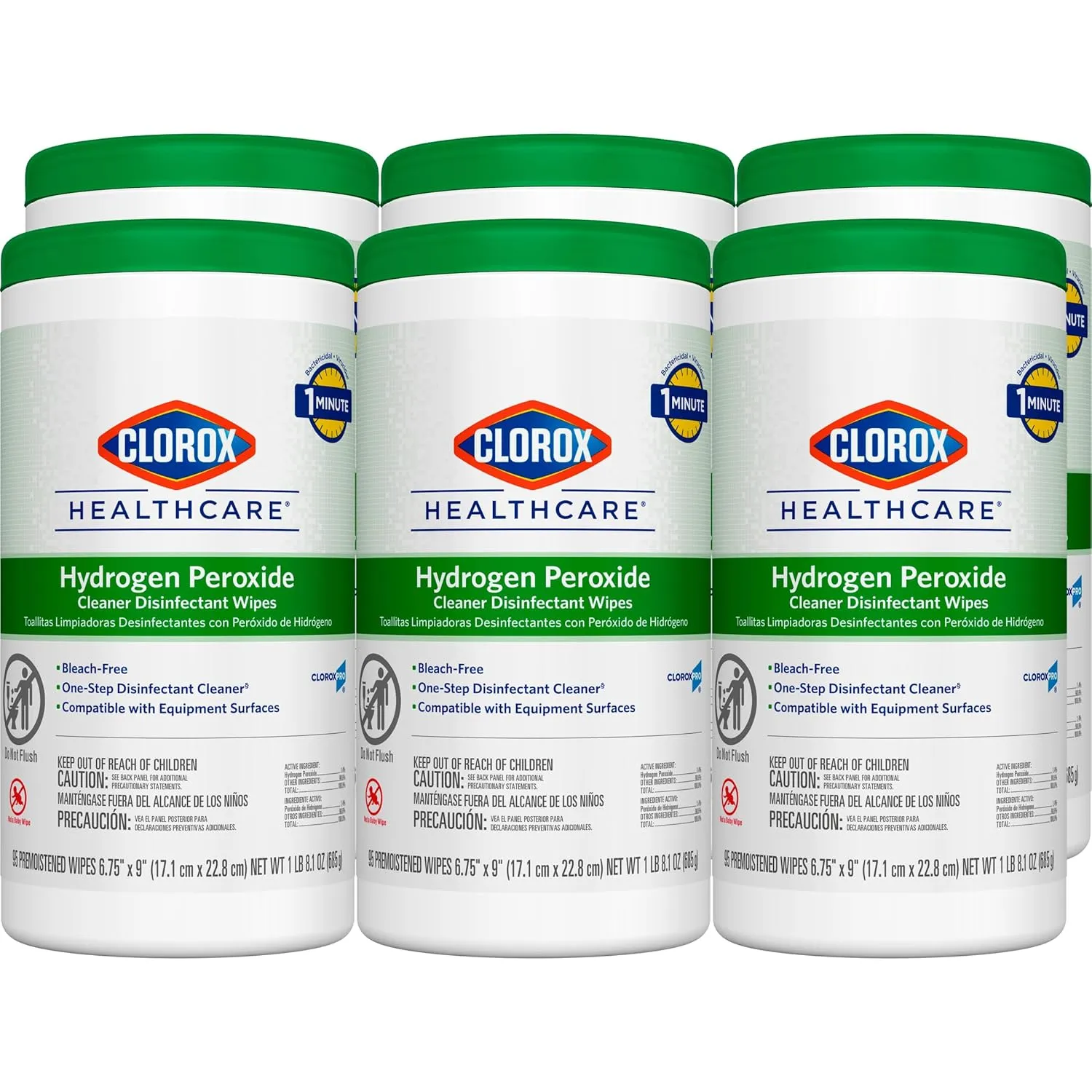 Clorox Healthcare Hydrogen Peroxide Cleaner Disinfectant Wipes, 6.75" x 9", 95 Count, Pack of 6 (Package May Vary)