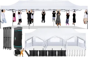COBIZI 10x30 Pop Up Canopy with 8 Sidewall,Heavy Duty Canopy UPF 50  All Season Wind Waterproof Commercial Outdoor Wedding Party Tents for Parties Canopy Gazebo with Roller Bag(10 x 30 ft White)