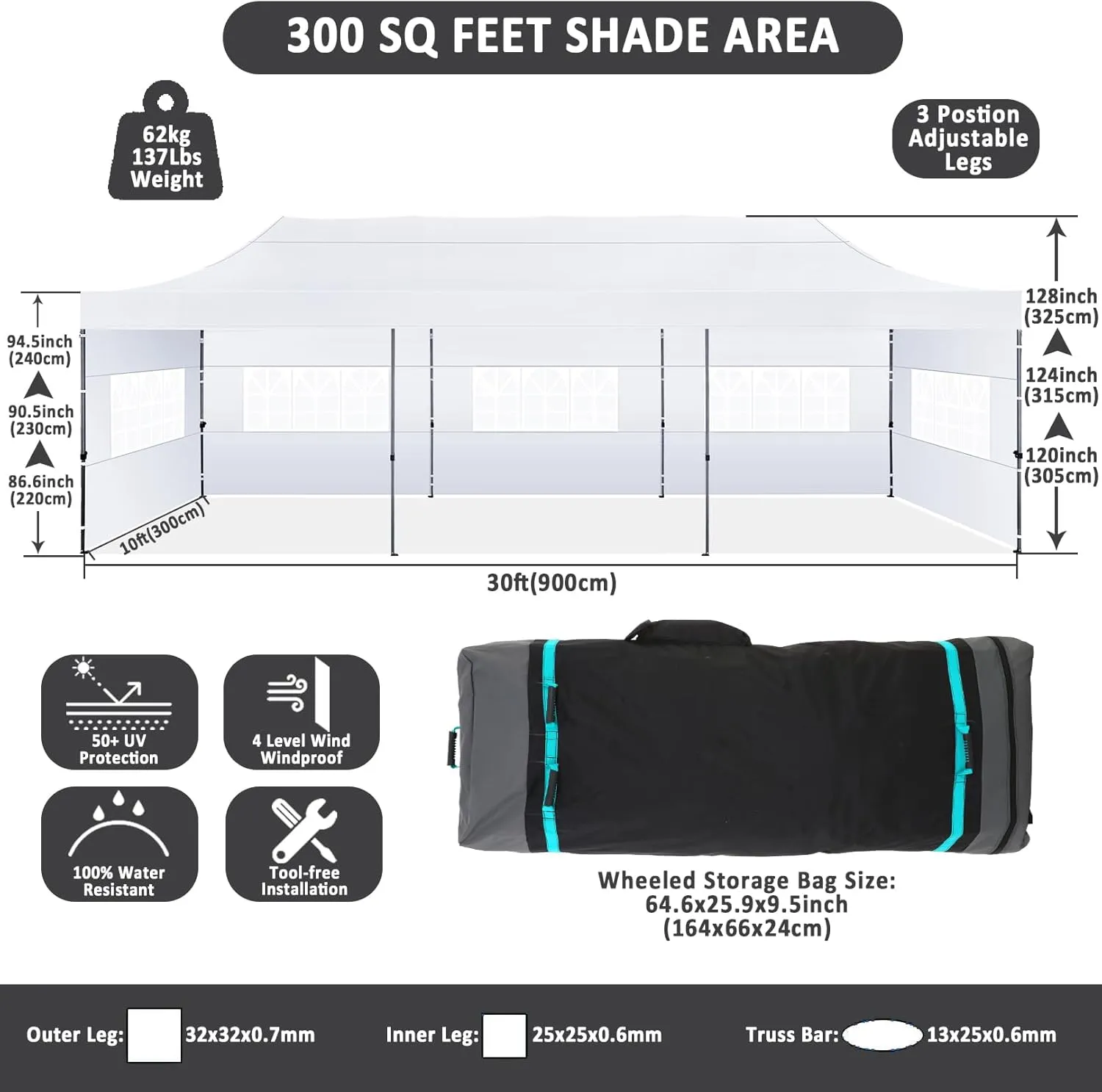 COBIZI 10x30 Pop Up Canopy with 8 Sidewall,Heavy Duty Canopy UPF 50  All Season Wind Waterproof Commercial Outdoor Wedding Party Tents for Parties Canopy Gazebo with Roller Bag(10 x 30 ft White)
