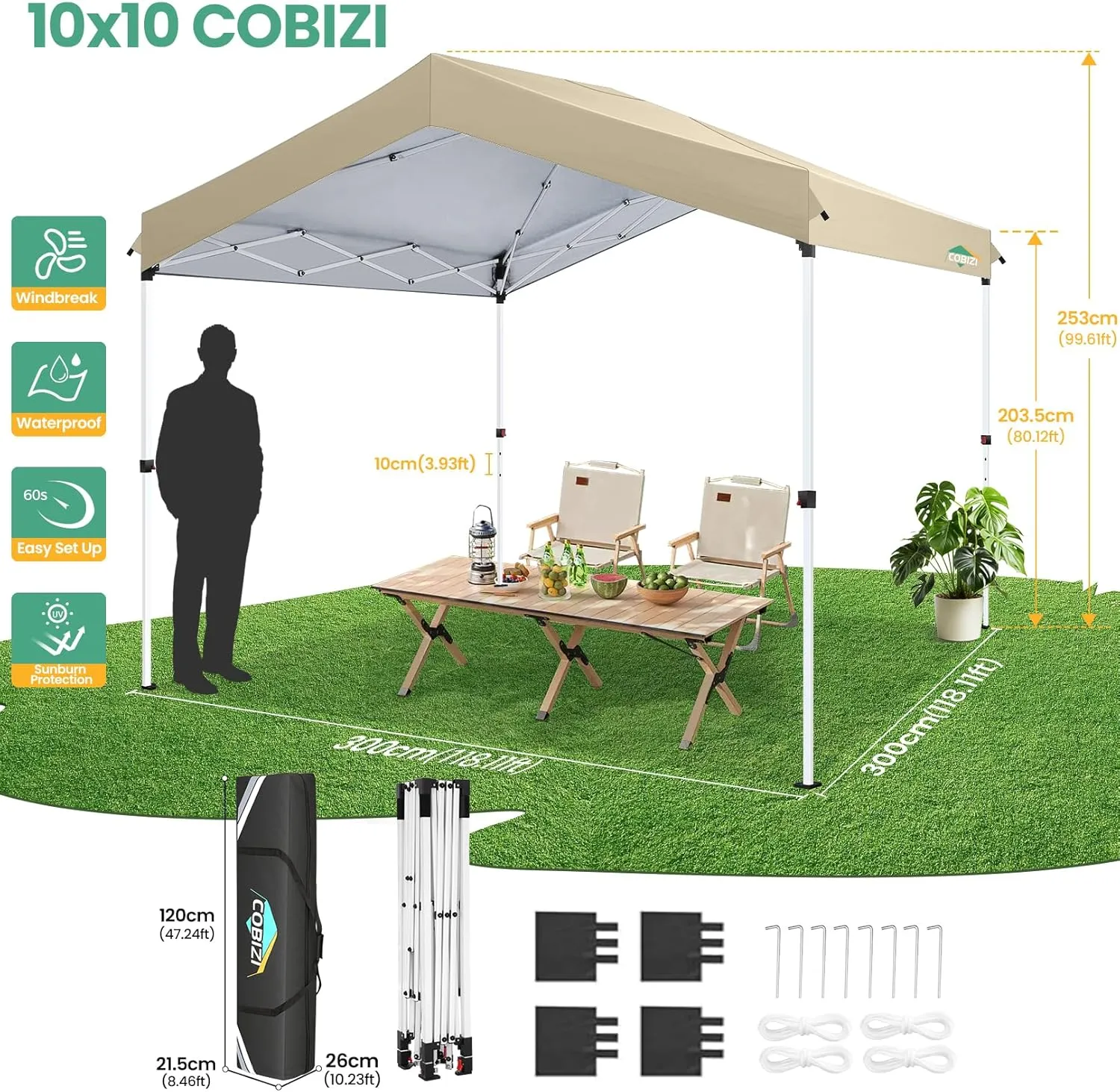 COBIZI Canopy Tent 10x10 Pop up Tent with 1 SideWall, Outdoor Canopy One Push Installation & 3 Adjustable Heights, Commercial Gazebo Event Tent for Party and Street,Khaki