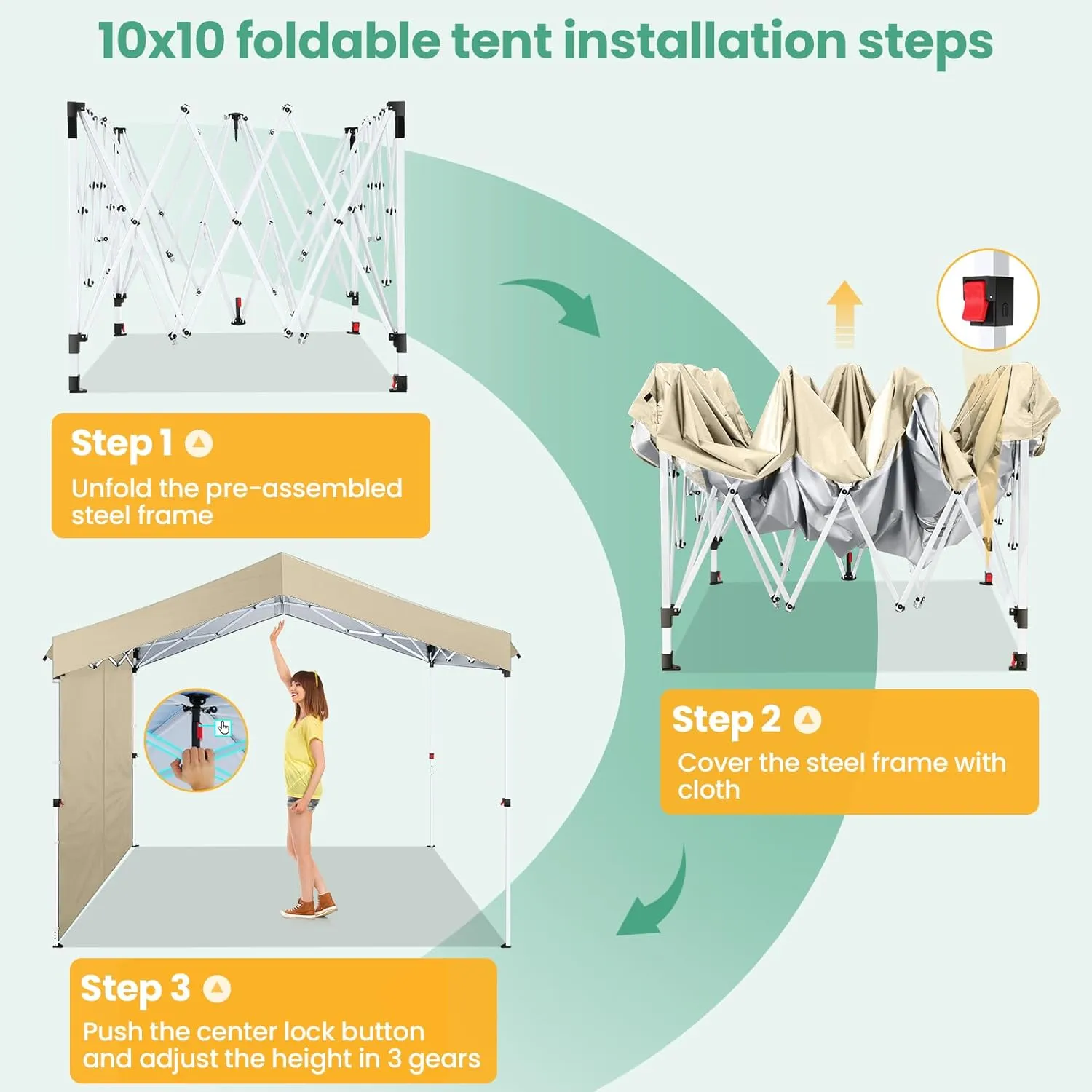 COBIZI Canopy Tent 10x10 Pop up Tent with 1 SideWall, Outdoor Canopy One Push Installation & 3 Adjustable Heights, Commercial Gazebo Event Tent for Party and Street,Khaki
