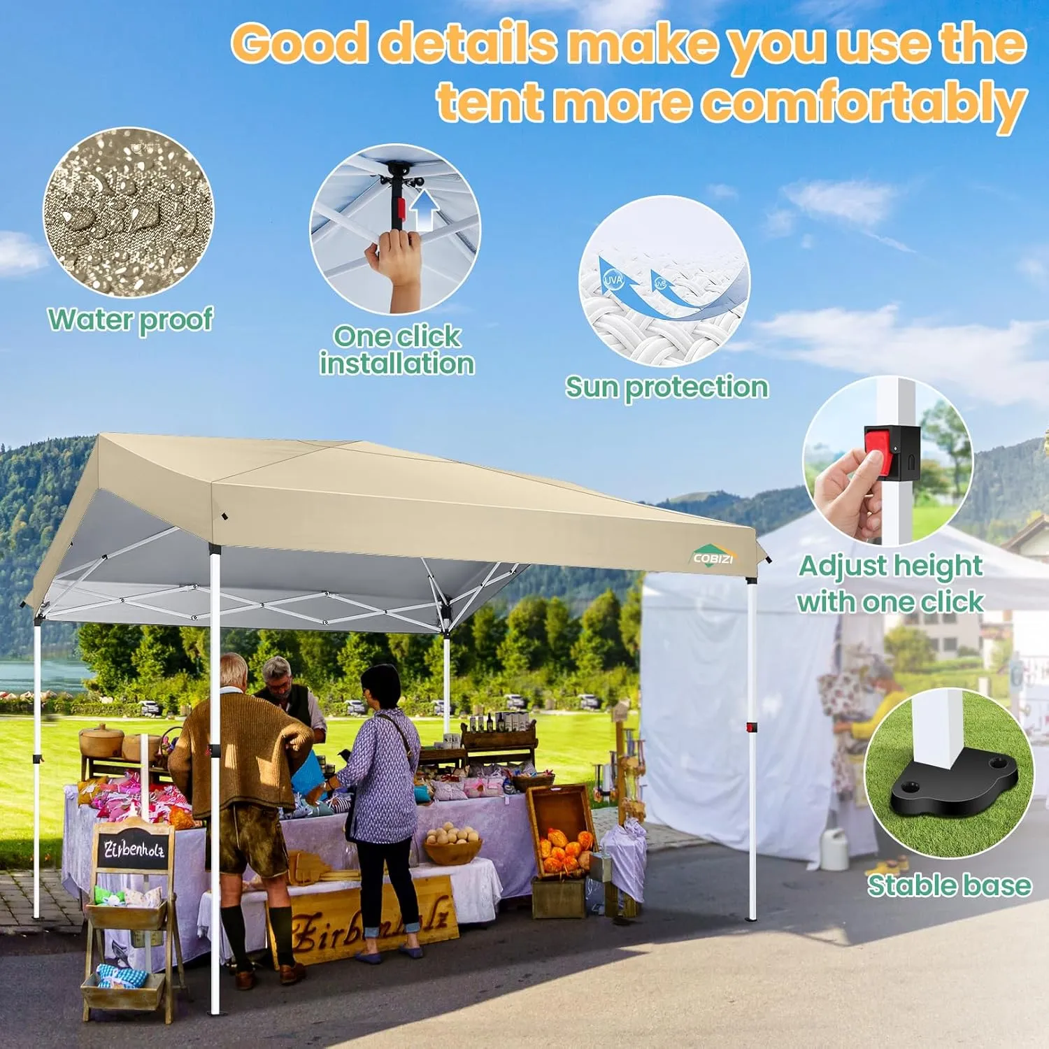 COBIZI Canopy Tent 10x10 Pop up Tent with 1 SideWall, Outdoor Canopy One Push Installation & 3 Adjustable Heights, Commercial Gazebo Event Tent for Party and Street,Khaki