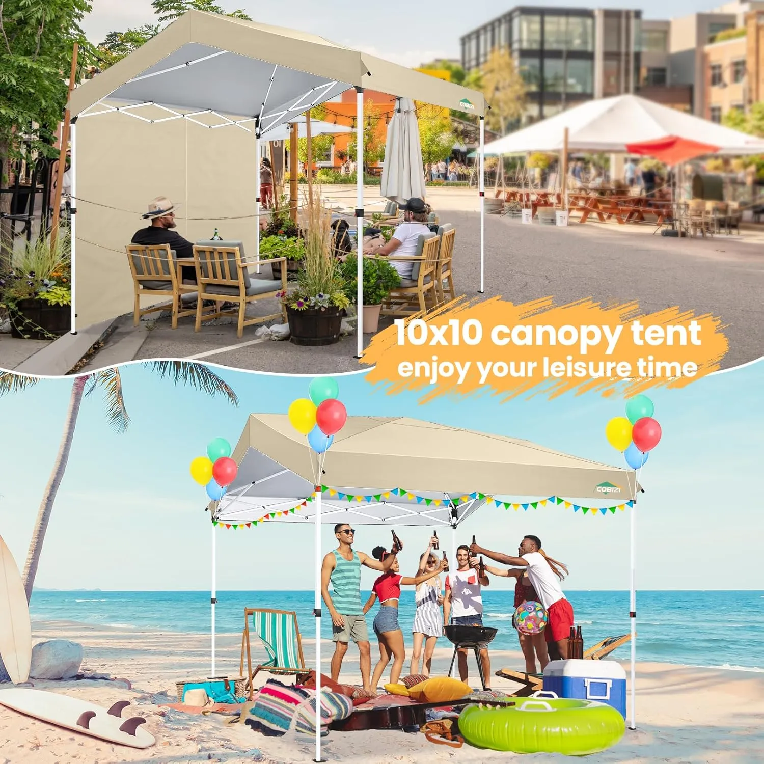 COBIZI Canopy Tent 10x10 Pop up Tent with 1 SideWall, Outdoor Canopy One Push Installation & 3 Adjustable Heights, Commercial Gazebo Event Tent for Party and Street,Khaki