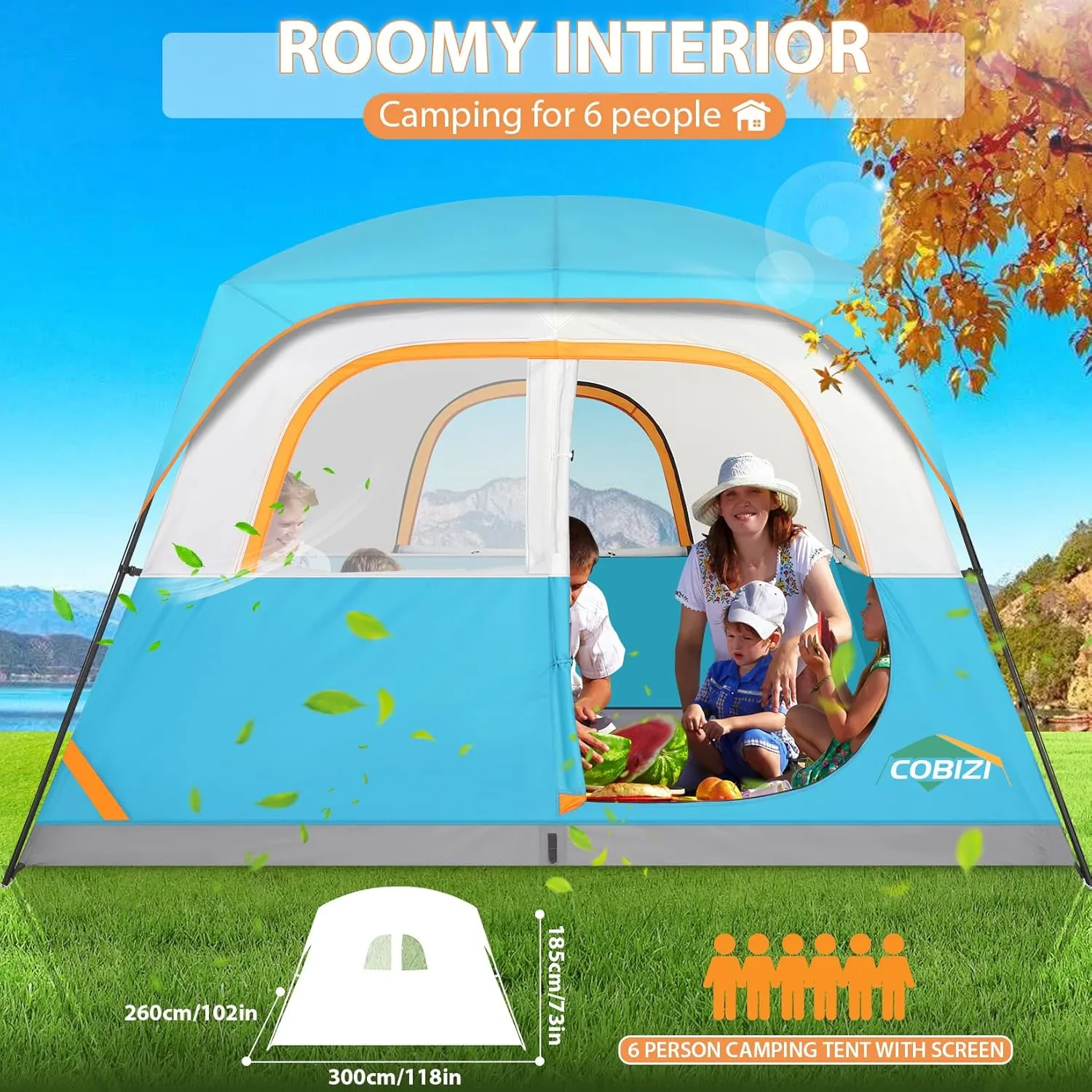 COBIZI Tents for Camping 4/6 Person Camping Tent with Rainfly and Screen, Easy Setup Lightweight Portable Waterproof Outdoor Tent with Carry Bag for Backpacking, Hiking, Family Travel