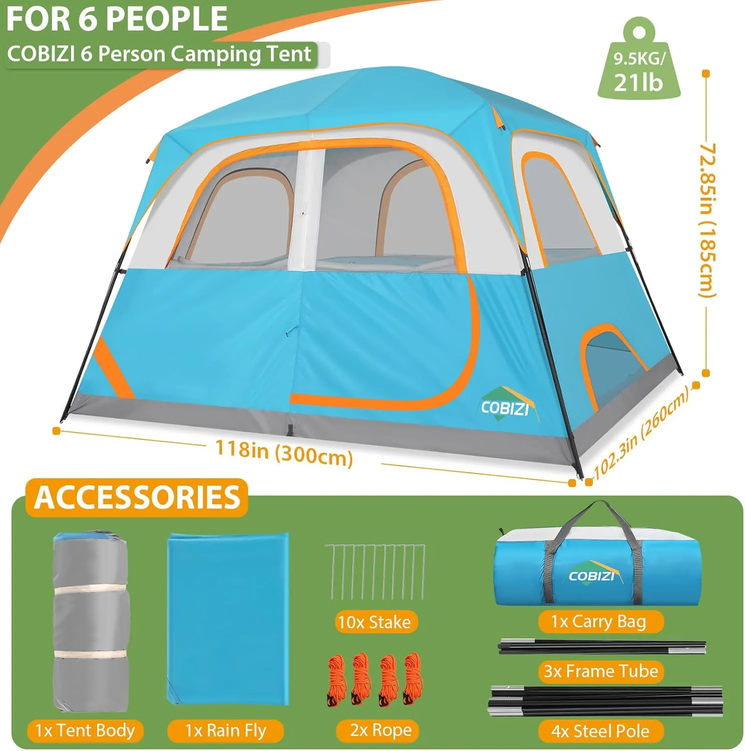 COBIZI Tents for Camping 4/6 Person Camping Tent with Rainfly and Screen, Easy Setup Lightweight Portable Waterproof Outdoor Tent with Carry Bag for Backpacking, Hiking, Family Travel