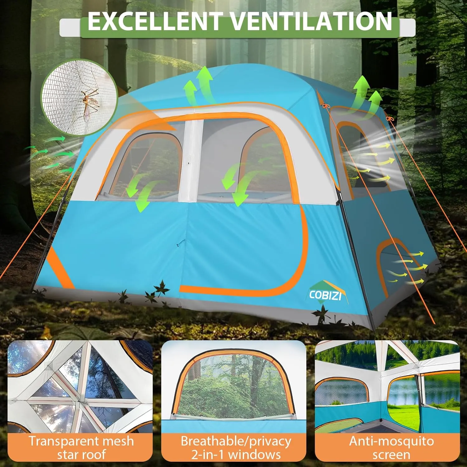COBIZI Tents for Camping 4/6 Person Camping Tent with Rainfly and Screen, Easy Setup Lightweight Portable Waterproof Outdoor Tent with Carry Bag for Backpacking, Hiking, Family Travel