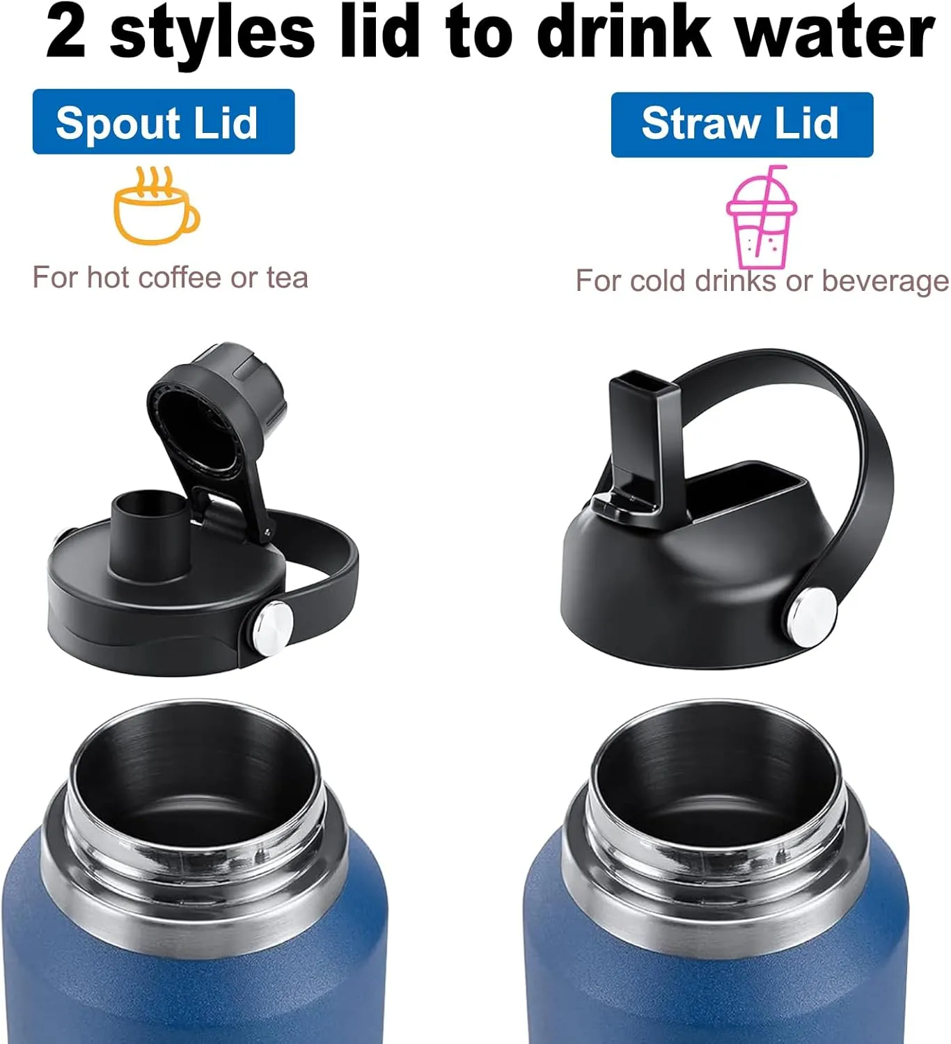 Cold Water Drink Sports Water Bottle with Leak Proof Straw Lid,Reusable Stainless Steel Thermos with Double Walled Vacuum,BPA-free,Works,Travel,Sports,Fit All Car Cup Holders