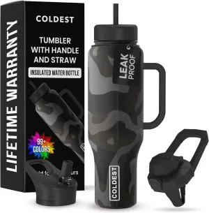 Coldest 40 oz Tumbler with Handle and Straw, 100% Leak Proof Insulated Tumbler with Lid and Straw (3 Lids), Stainless Steel Tumblers for Women & Men, Cup Holder Friendly, 46 oz (Blackhawk Camo)