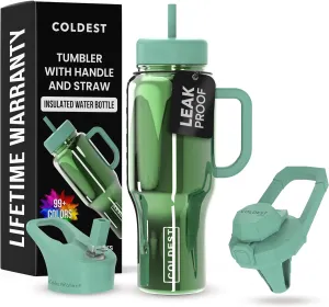 Coldest 40 oz Tumbler with Handle and Straw - 100% Spill Proof Tumbler with Straw (3 Lids) - Stainless Steel Insulated Leakproof Tumblers for Women & Men - 36 oz (Avocado Reflections)