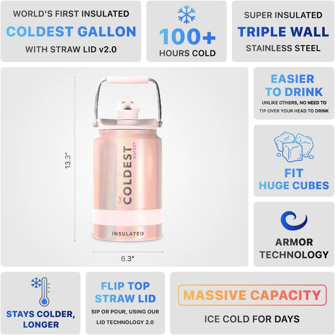 COLDEST Sports Water Bottle 128 oz/One Gallon (Straw Lid), Leak Proof, Vacuum Insulated Stainless Steel, Hot Cold, Double Walled, Metal Canteen Growler Jug (Forever Pink Glitter, Gallon)