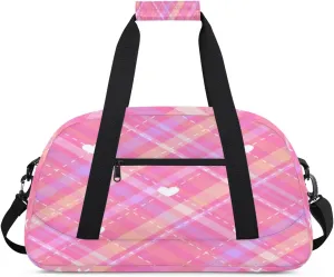 Color Plaid Gym Duffel Bag for Men Women Love Heart Pattern Sports Tote Bag with Adjustable Shoulder Strap for Dance Gymnastics Traveling Outdoor Camping Overnight Stay