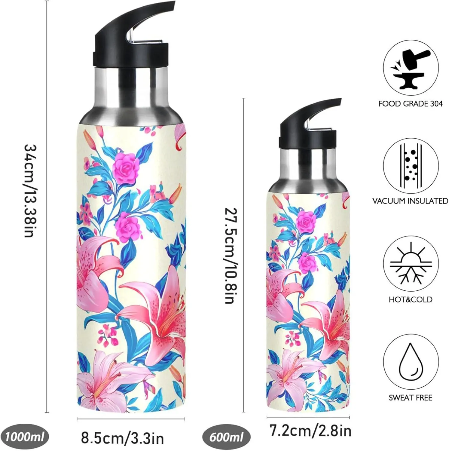 Colorful Flowers Sports Water Bottle with Straw, 22oz BPA Free Stainless Steel Vacuum Insulated Bottle for Gym Fitness Outdoor