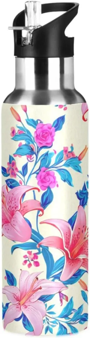 Colorful Flowers Sports Water Bottle with Straw, 22oz BPA Free Stainless Steel Vacuum Insulated Bottle for Gym Fitness Outdoor