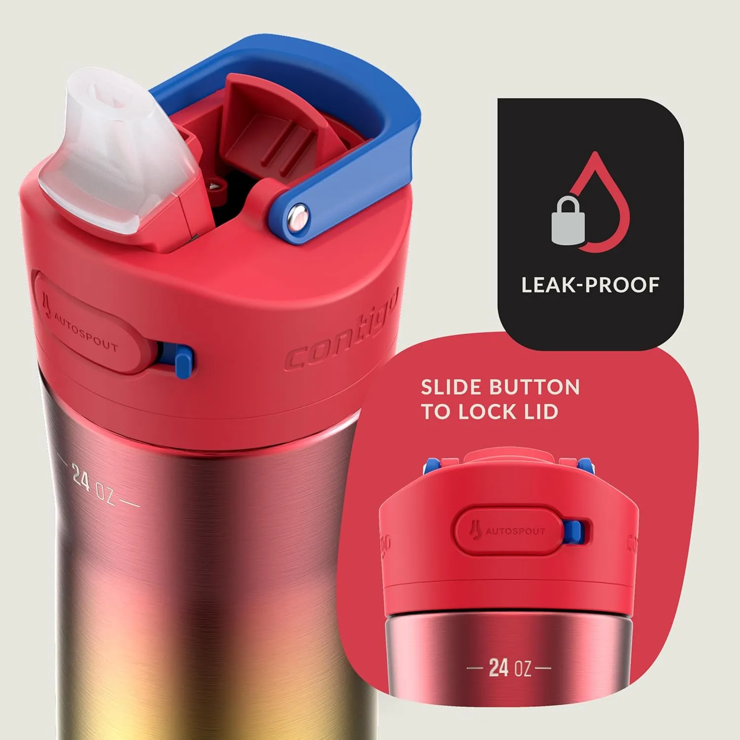 Contigo Ashland Chill 2.0 Stainless Steel Water Bottle with Autospout Lid, 24 oz, Watermelon Ombre