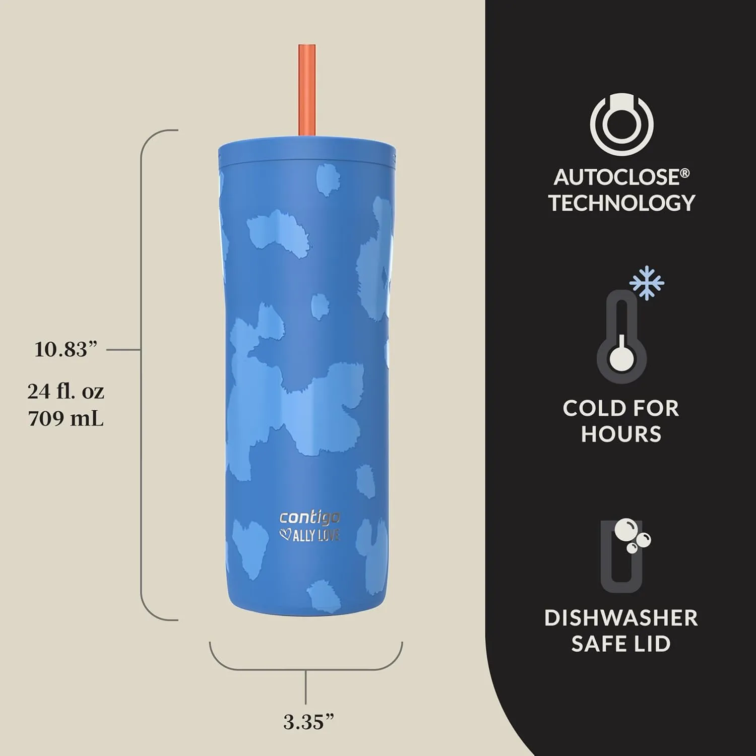 Contigo x Ally Love Steel Insulated Tumbler w/Straw, Autoclose Technology, Easy Clean Lid & Straw, Leak-proof Drinking, Keeps Drinks Cold for 20 hours, BPA Free, 24oz., Streeterville 2.0, Licorice