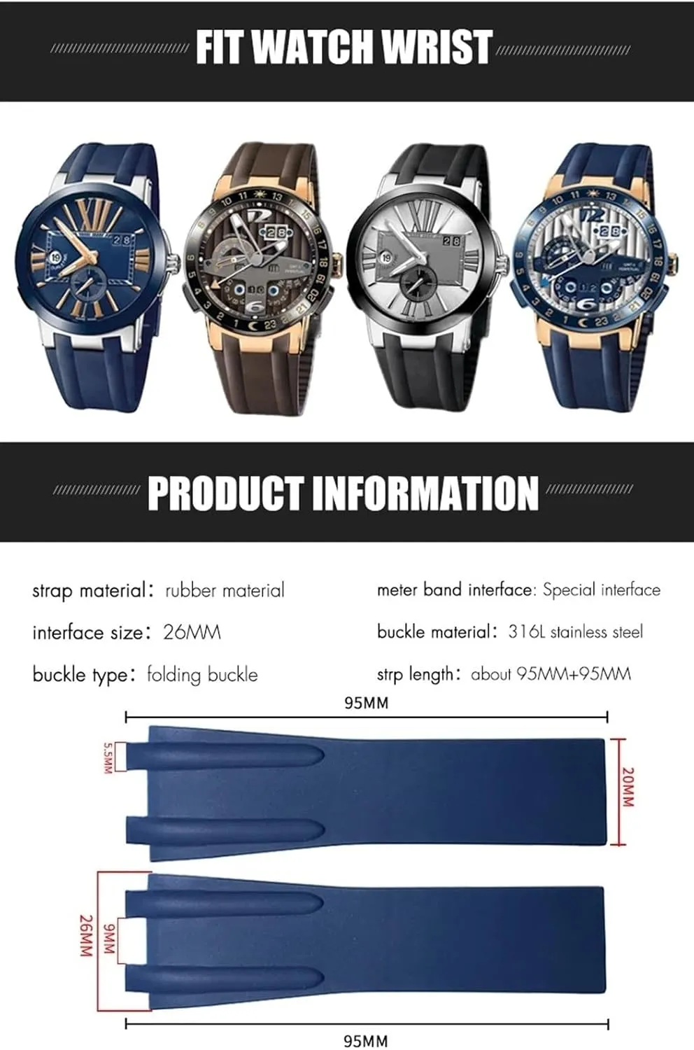 Convex Silicone Rubber Watch Strap 26mm Fit for Athens Ulysse Nardin Watchband Folding Buckle Men Sports Waterproof Bracelets