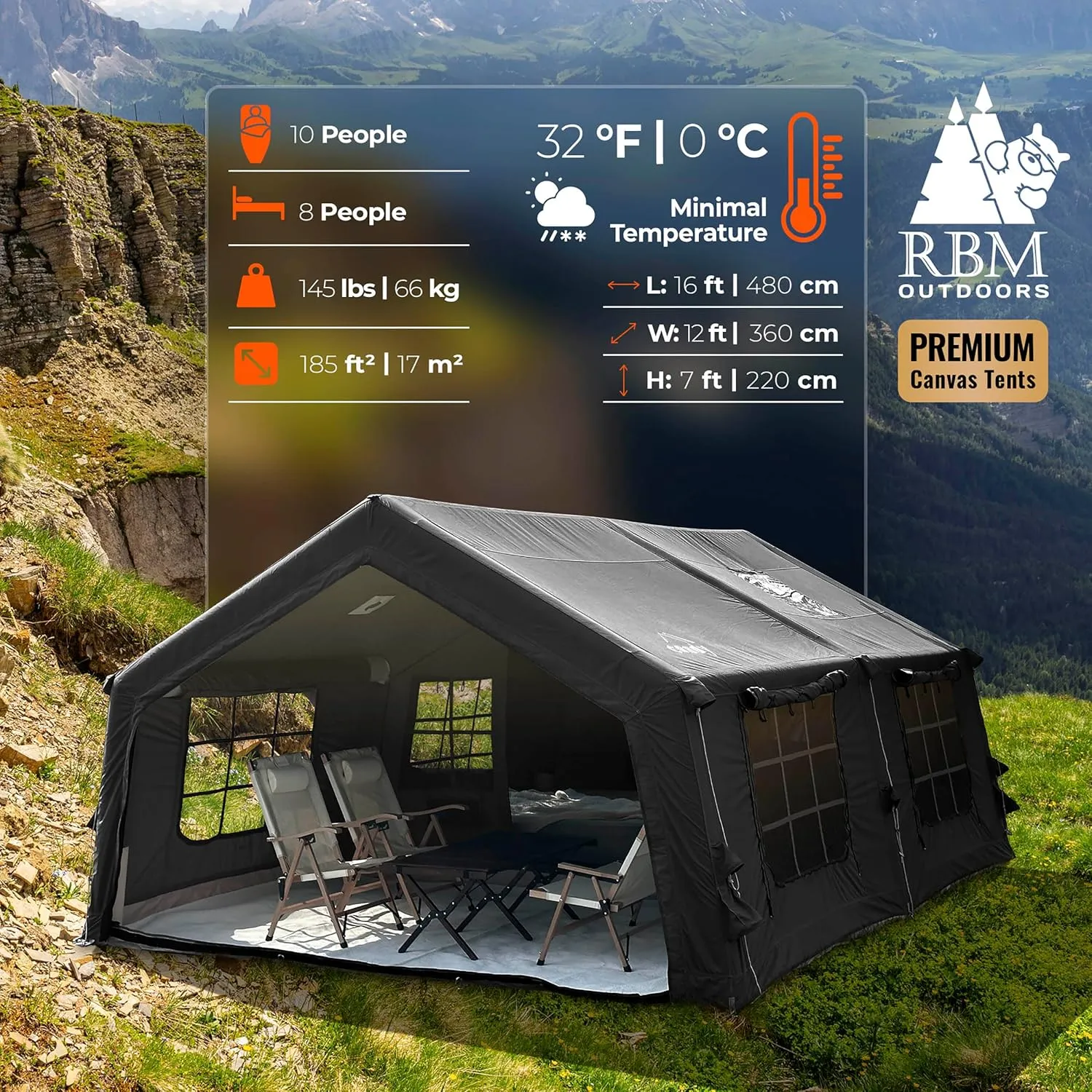 Coody | Rbm Outdoors Koala/Hub/Octopus Inflatable Tents for Camping with Stove Jack, 2/8/10 Person Luxury Canvas Blow Up Tent, 2 Room, Easy Setup Casa de Campaña, Large Inflatable House with Pump