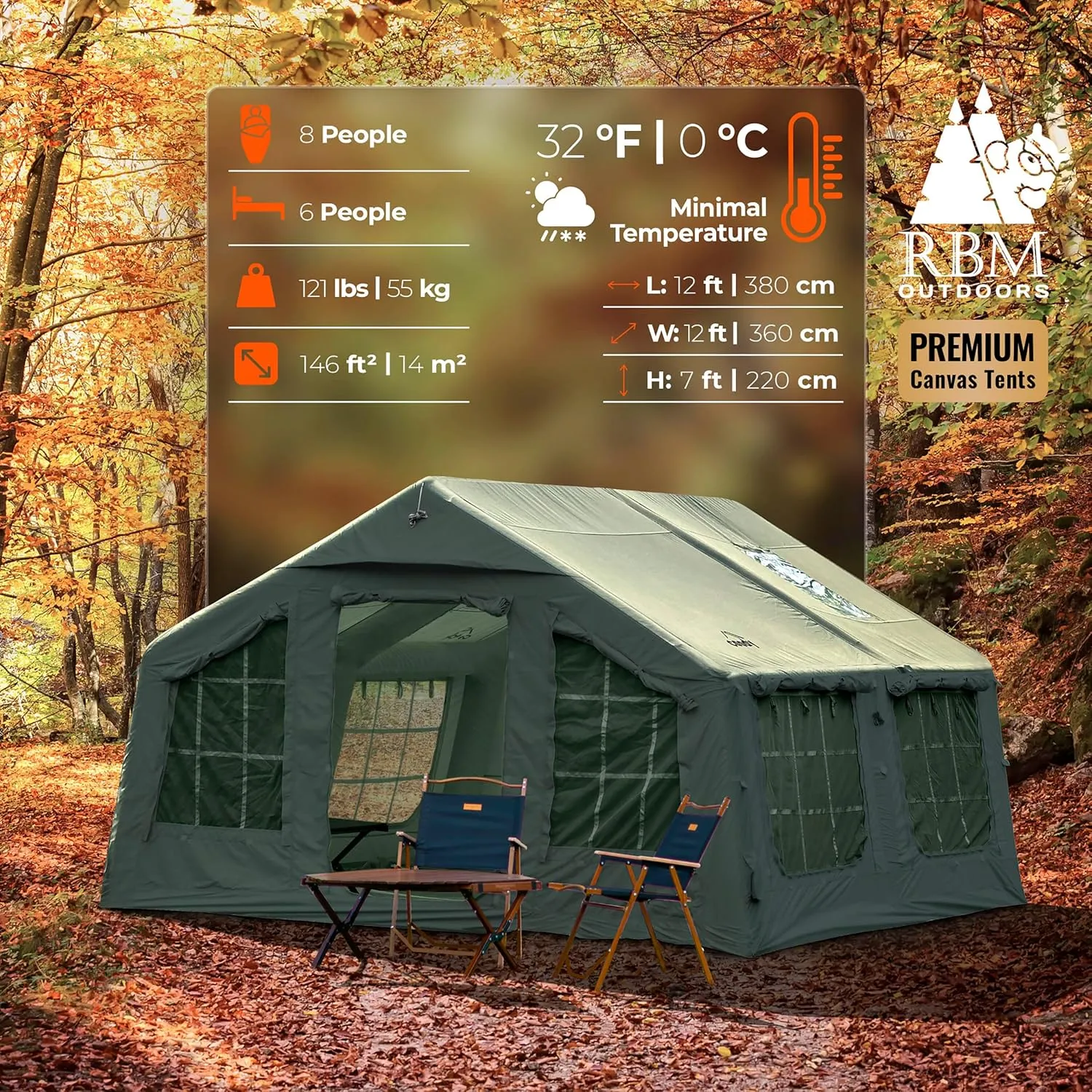 Coody | Rbm Outdoors Koala/Hub/Octopus Inflatable Tents for Camping with Stove Jack, 2/8/10 Person Luxury Canvas Blow Up Tent, 2 Room, Easy Setup Casa de Campaña, Large Inflatable House with Pump