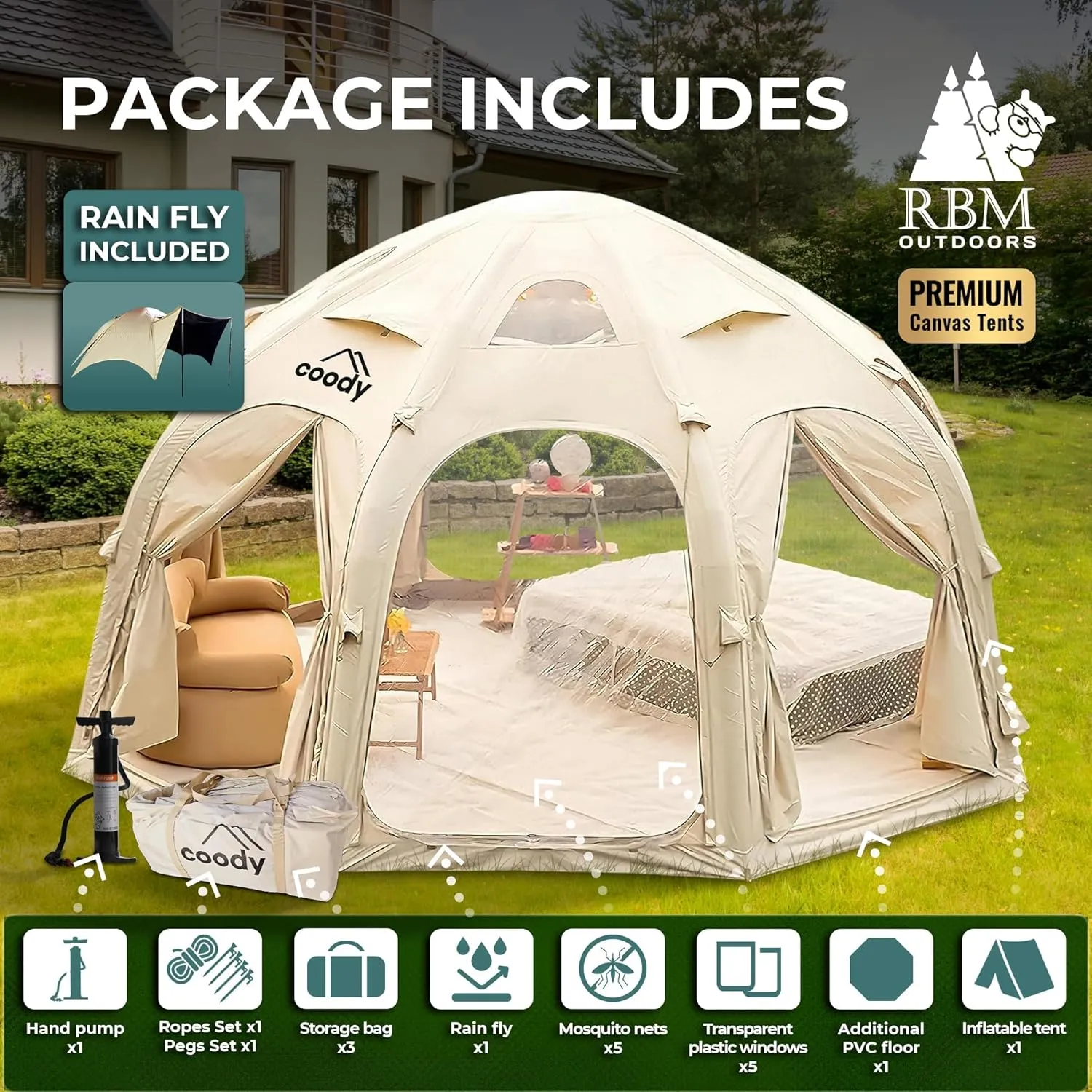 Coody | Rbm Outdoors Koala/Hub/Octopus Inflatable Tents for Camping with Stove Jack, 2/8/10 Person Luxury Canvas Blow Up Tent, 2 Room, Easy Setup Casa de Campaña, Large Inflatable House with Pump