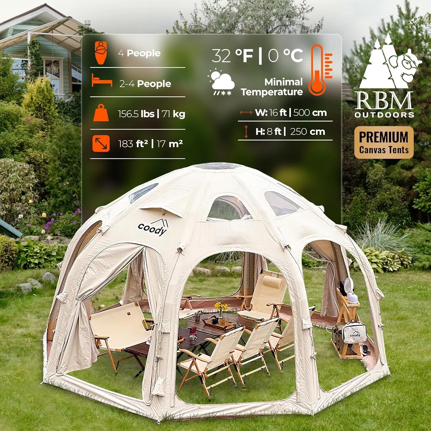 Coody | Rbm Outdoors Koala/Hub/Octopus Inflatable Tents for Camping with Stove Jack, 2/8/10 Person Luxury Canvas Blow Up Tent, 2 Room, Easy Setup Casa de Campaña, Large Inflatable House with Pump