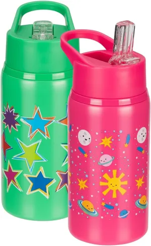 Cool Gear 2-Pack 18 oz Mashpee Kids Stainless Steel Water Bottle With Sipper Straw & Carrying Loop | Eco-Friendly, Wide Mouth, Leakproof for Kids, School, Gifts (Space/Stars)
