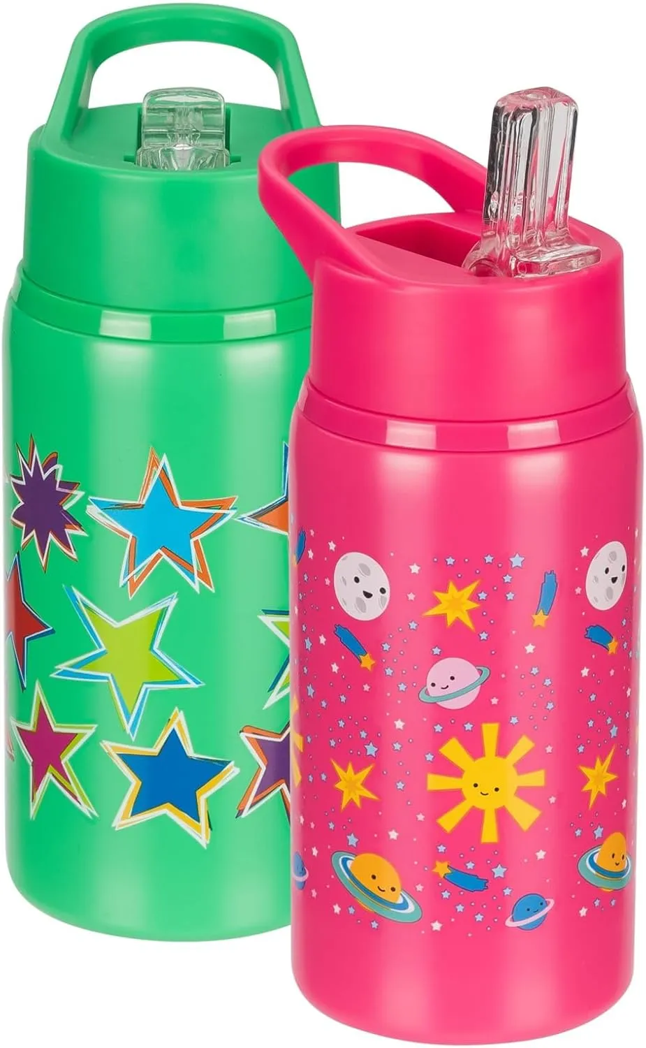 Cool Gear 2-Pack 18 oz Mashpee Kids Stainless Steel Water Bottle With Sipper Straw & Carrying Loop | Eco-Friendly, Wide Mouth, Leakproof for Kids, School, Gifts (Space/Stars)