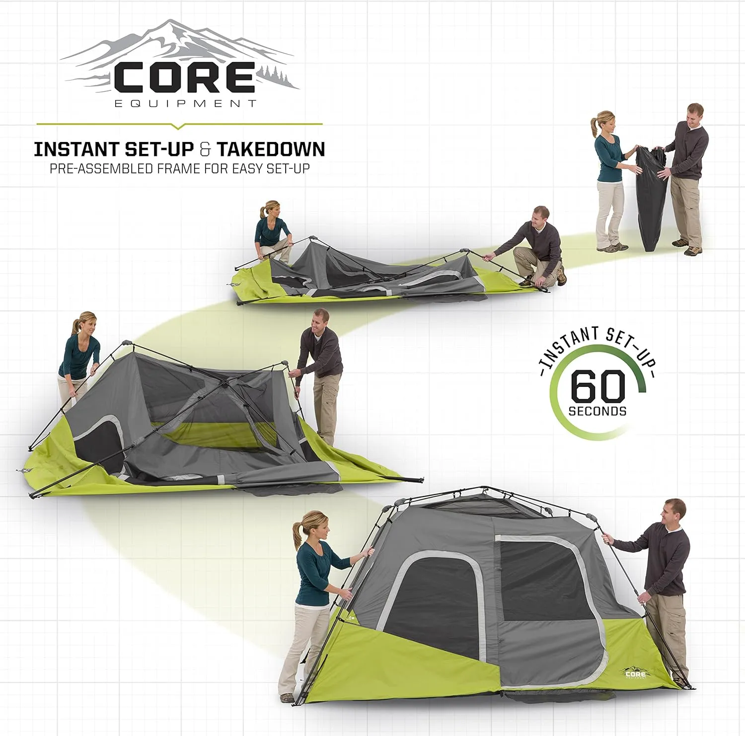 CORE Instant Cabin Tents | 6 Person / 9 Person / 10 Person / 12 Person Family Cabin Multi Room Pop Up Tents Car Camping | Included Storage Pockets for Camping Accessories