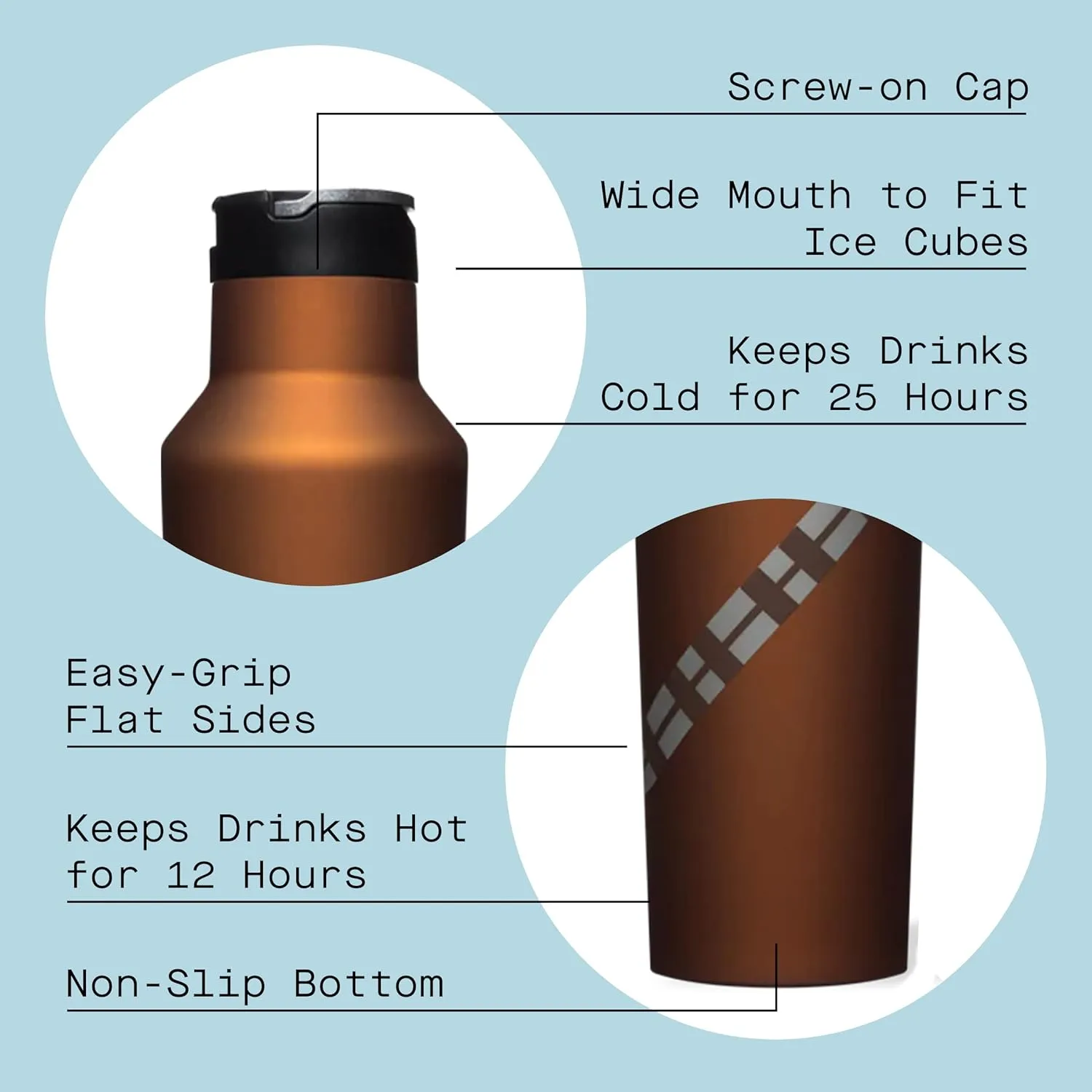 Corkcicle Star Wars Insulated Canteen Travel Water Bottle, Triple Insulated Stainless Steel, Easy Grip Straw Mouth, Keeps Beverages Cold for 25 Hours or Warm for 12 Hours, 20 oz, Chewbacca