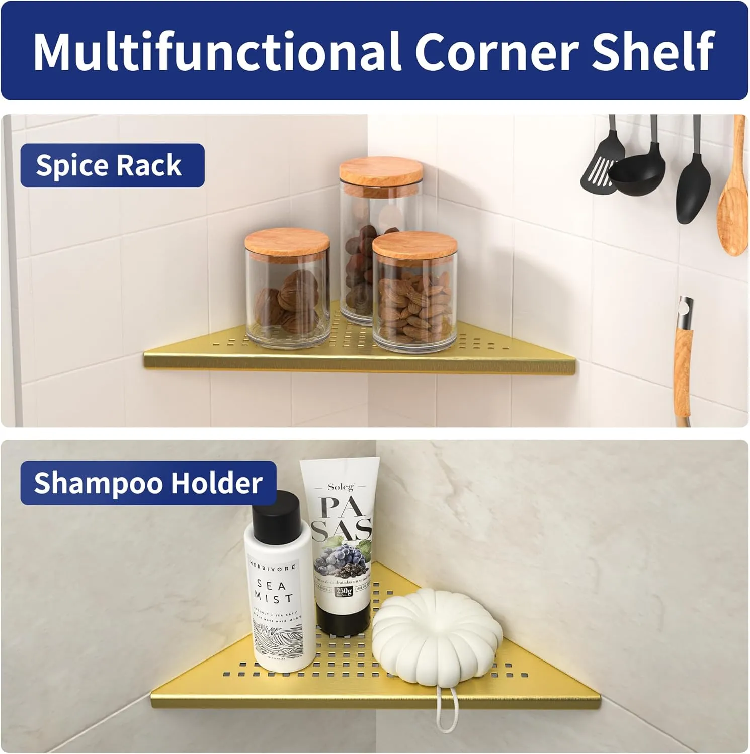 Corner Shower Shelves 10", Brushed Gold 304 Stainless Steel Recessed Bathroom Shelf, Grout in Shelf Rack for Tiled Wall, 2 Pack, No Drilling Needed