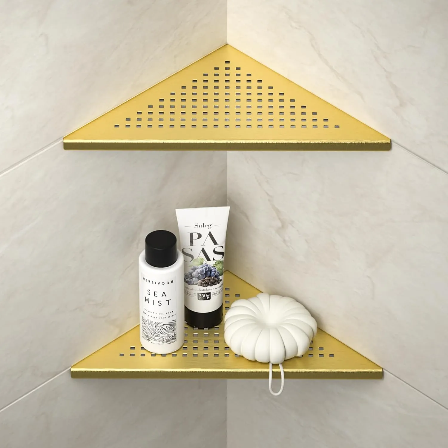 Corner Shower Shelves 10", Brushed Gold 304 Stainless Steel Recessed Bathroom Shelf, Grout in Shelf Rack for Tiled Wall, 2 Pack, No Drilling Needed