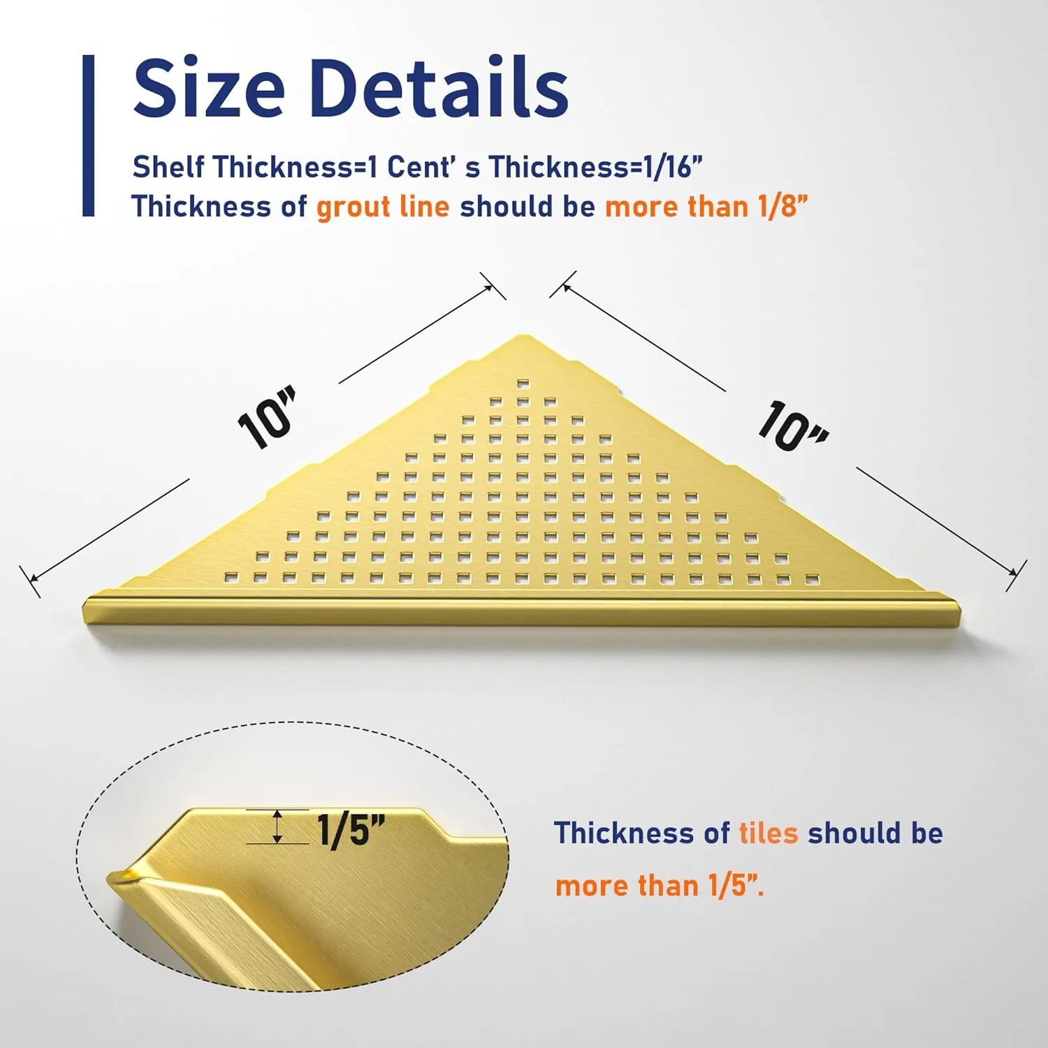 Corner Shower Shelves 10", Brushed Gold 304 Stainless Steel Recessed Bathroom Shelf, Grout in Shelf Rack for Tiled Wall, 2 Pack, No Drilling Needed