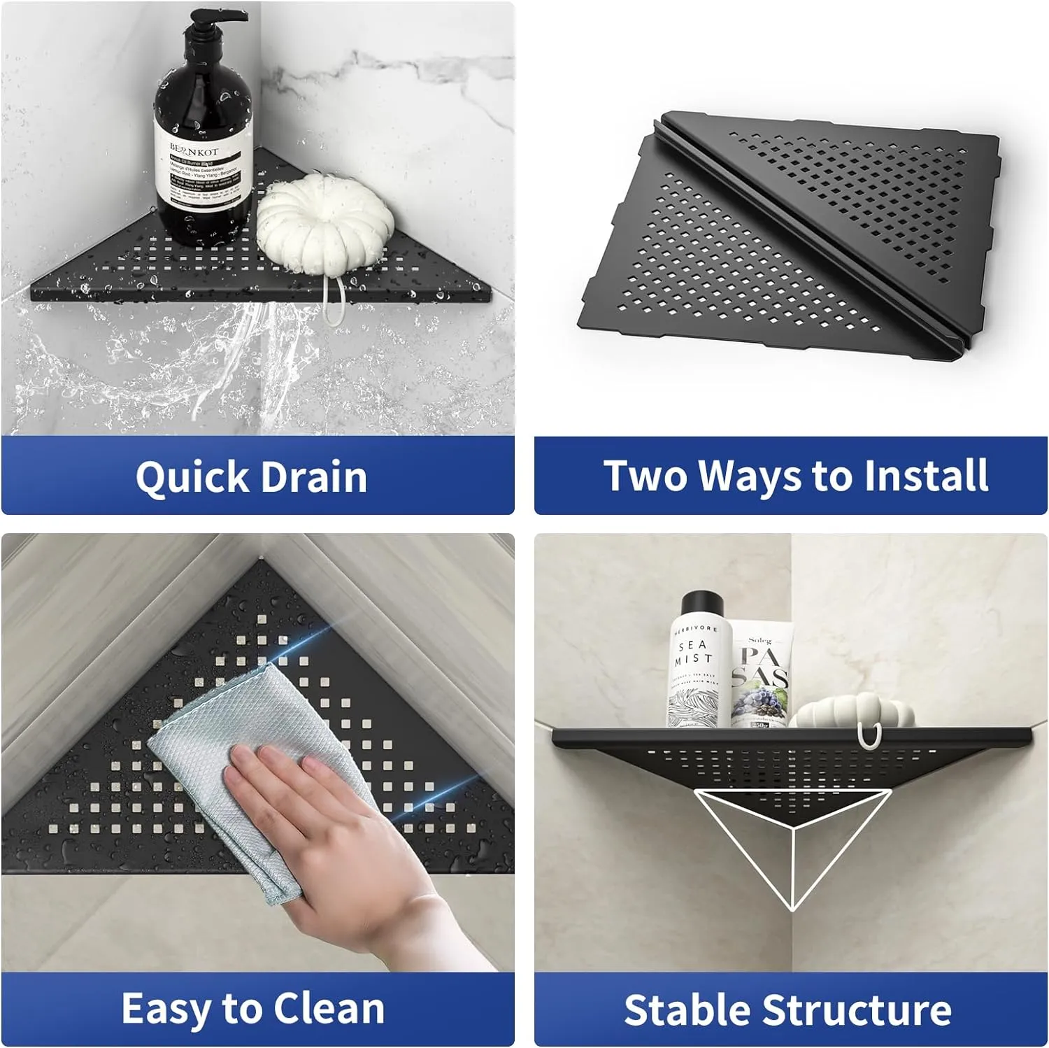 Corner Shower Shelves, 10" Matte Black 304 Stainless Steel Recessed Shelf for Bathroom, Grout in Shelf for Tiled Wall 2 Pack, No Drilling Needed