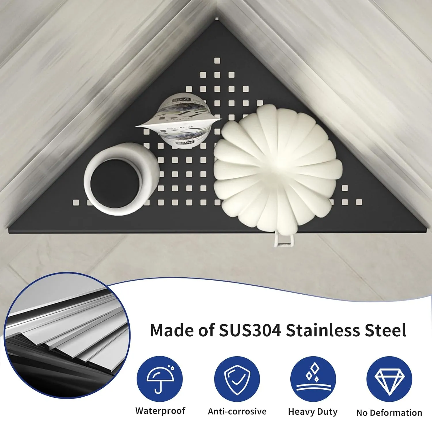 Corner Shower Shelves, 10" Matte Black 304 Stainless Steel Recessed Shelf for Bathroom, Grout in Shelf for Tiled Wall 2 Pack, No Drilling Needed