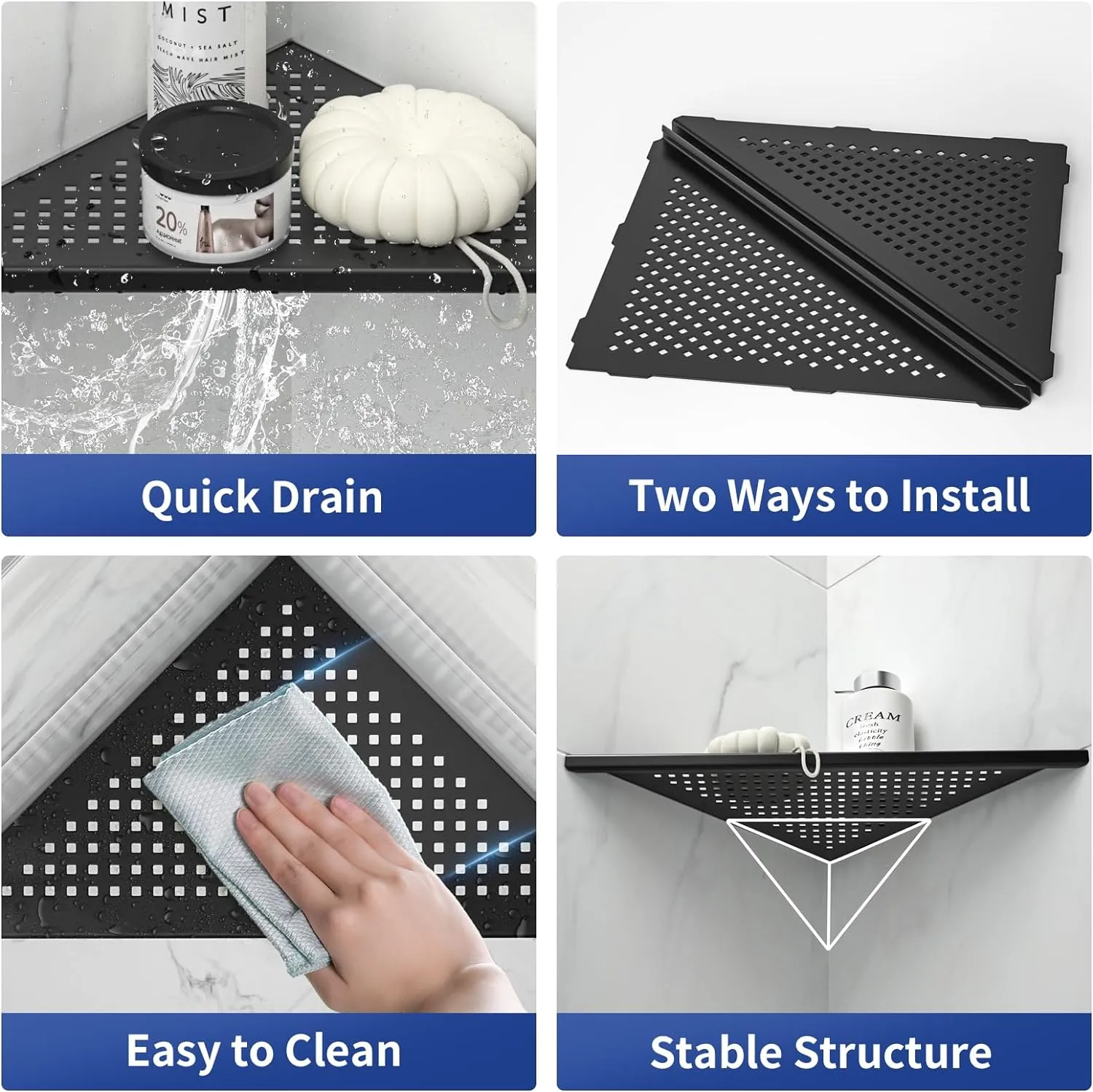Corner Shower Shelves, 12" Matte Black 304 Stainless Steel Recessed Shelf for Bathroom, Grout in Shelf for Tiled Wall, 2 Pack Large Size, No Drilling Needed