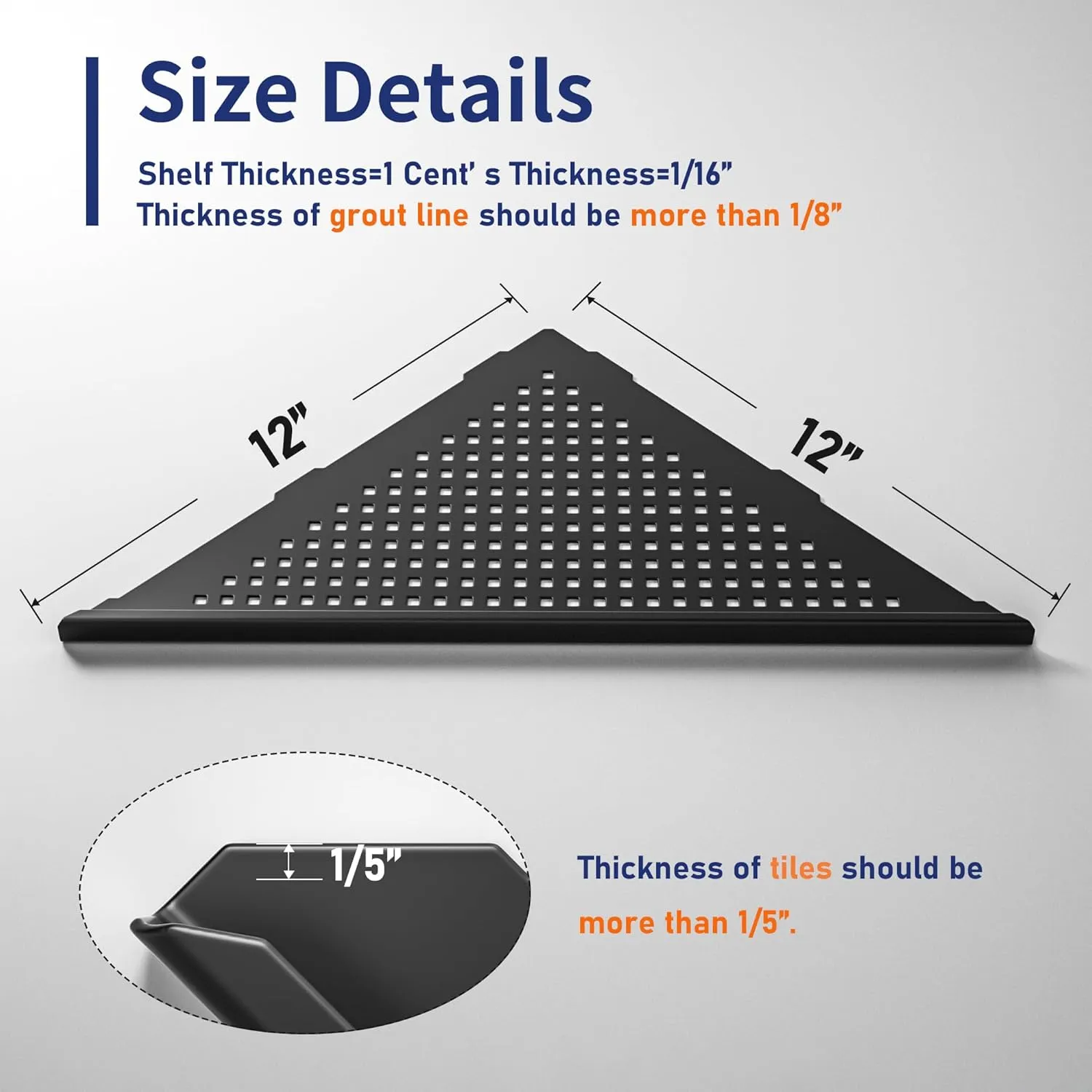 Corner Shower Shelves, 12" Matte Black 304 Stainless Steel Recessed Shelf for Bathroom, Grout in Shelf for Tiled Wall, 2 Pack Large Size, No Drilling Needed