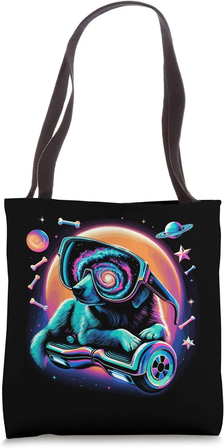 Cosmic Canine Chill - Futuristic Dog on Hoverboard Tote Bag