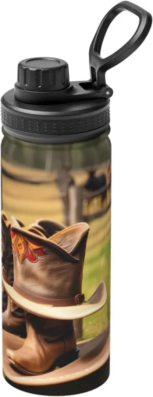 Cowgirl Boots Hat in Farms Sports Insulated Water Bottle - Premium 18 oz. Stainless Steel Hydration Bottle for Outdoor Enthusiasts