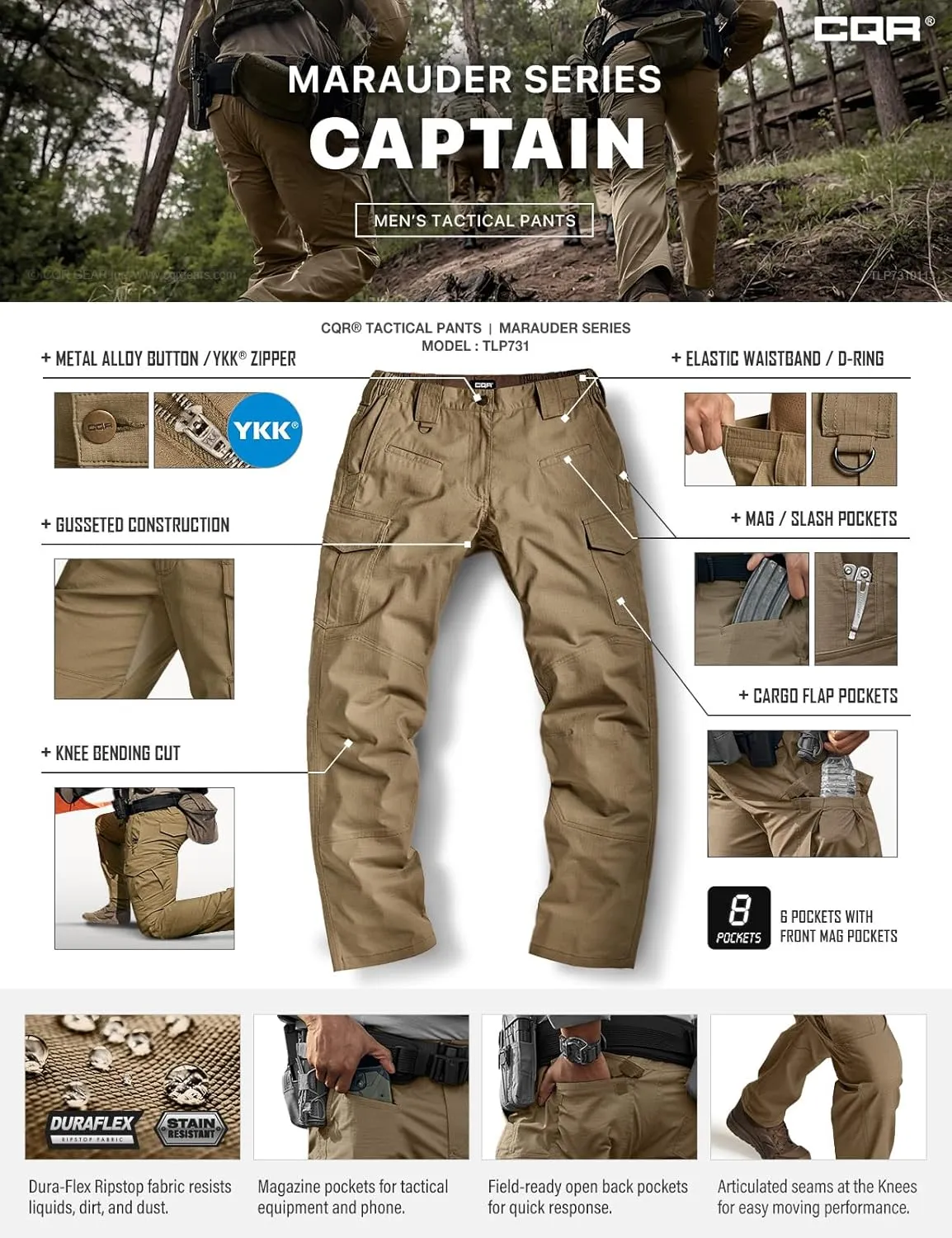 CQR Men's Flex Ripstop Tactical Pants, Water Resistant Stretch Cargo Pants, Lightweight EDC Hiking Work Pants