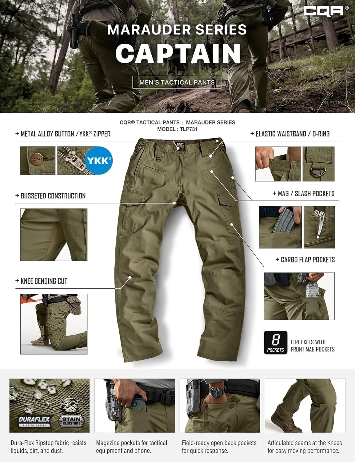 CQR Men's Flex Ripstop Tactical Pants, Water Resistant Stretch Cargo Pants, Lightweight EDC Hiking Work Pants