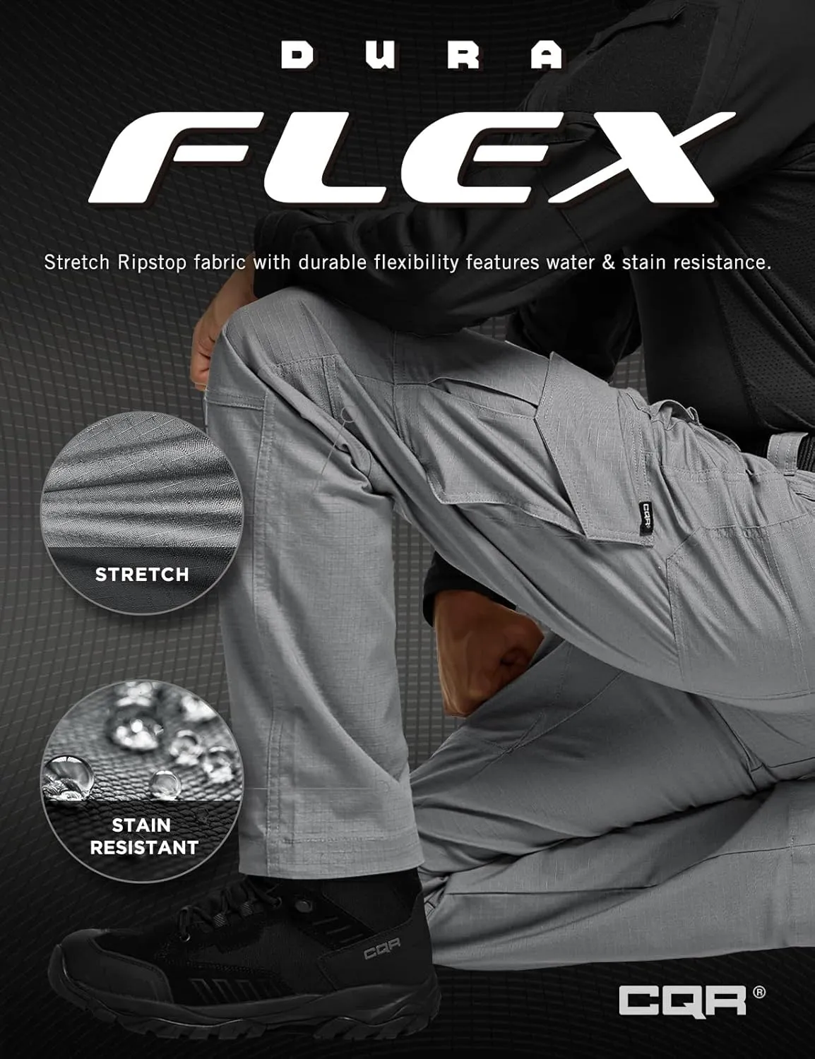 CQR Men's Flex Ripstop Tactical Pants, Water Resistant Stretch Cargo Pants, Lightweight EDC Hiking Work Pants