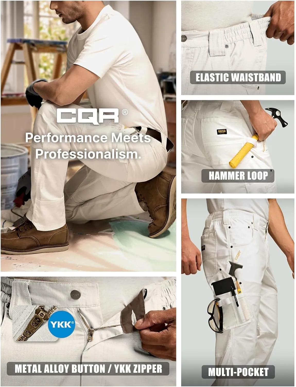 CQR Men's Flex Ripstop Work Pants, Water Resistant Tactical Pants, Outdoor Utility Operator EDC Cargo Pants