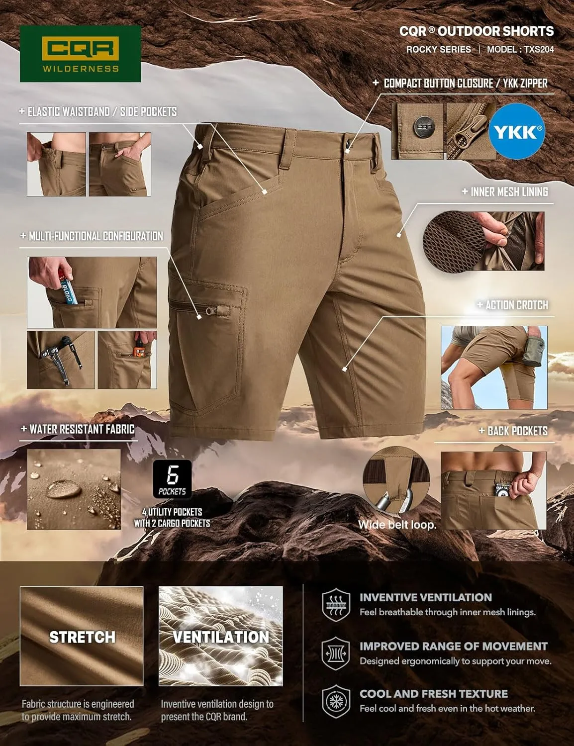 CQR Men's Quick Dry Stretch Hiking Cargo Shorts, Lightweight Water Resistant Tactical Casual, Golf & Outdoor with Pockets