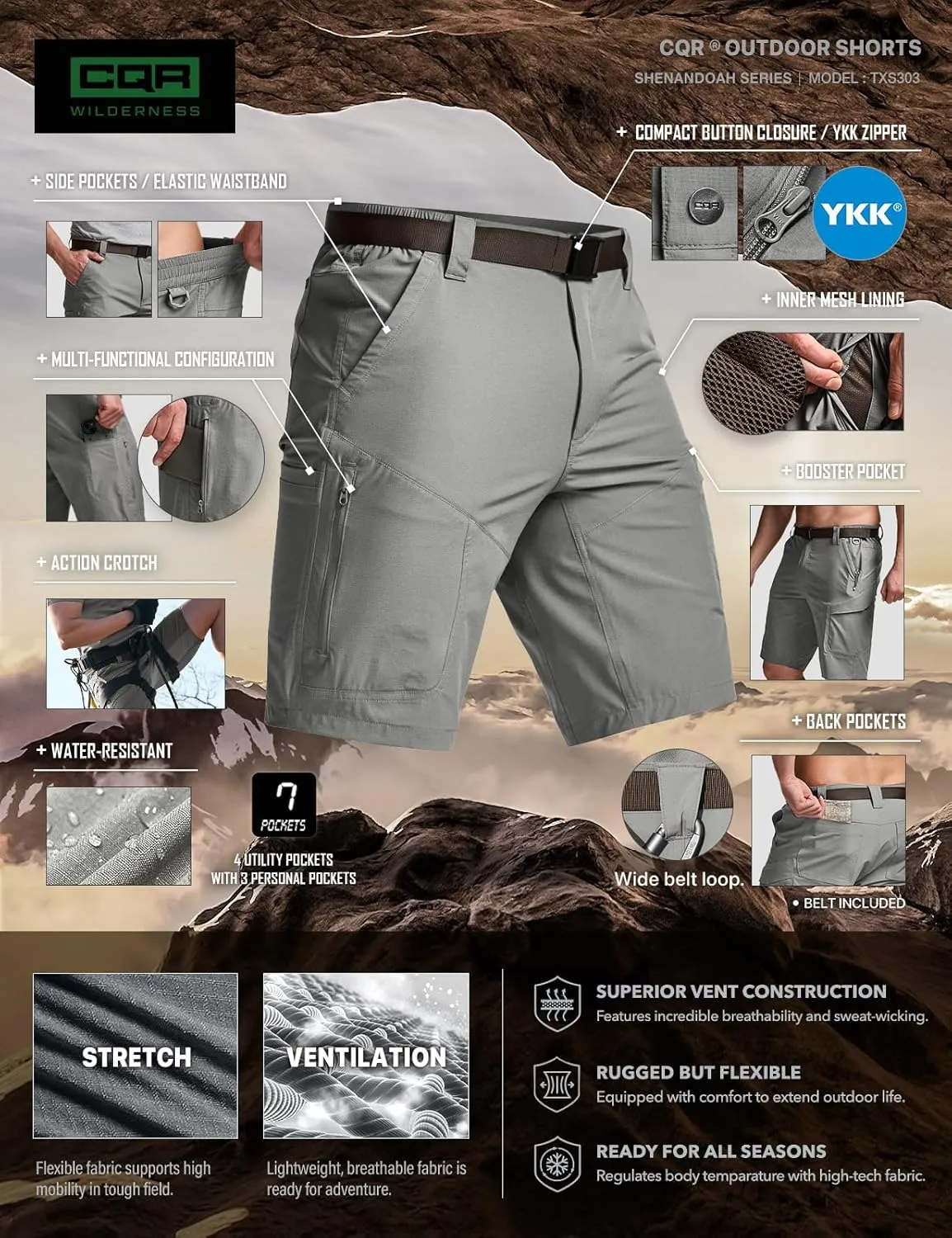 CQR Men’s Quick-Dry Stretch Hiking Cargo Shorts – Lightweight Water-Resistant Tactical Casual, Golf & Outdoor with Pockets