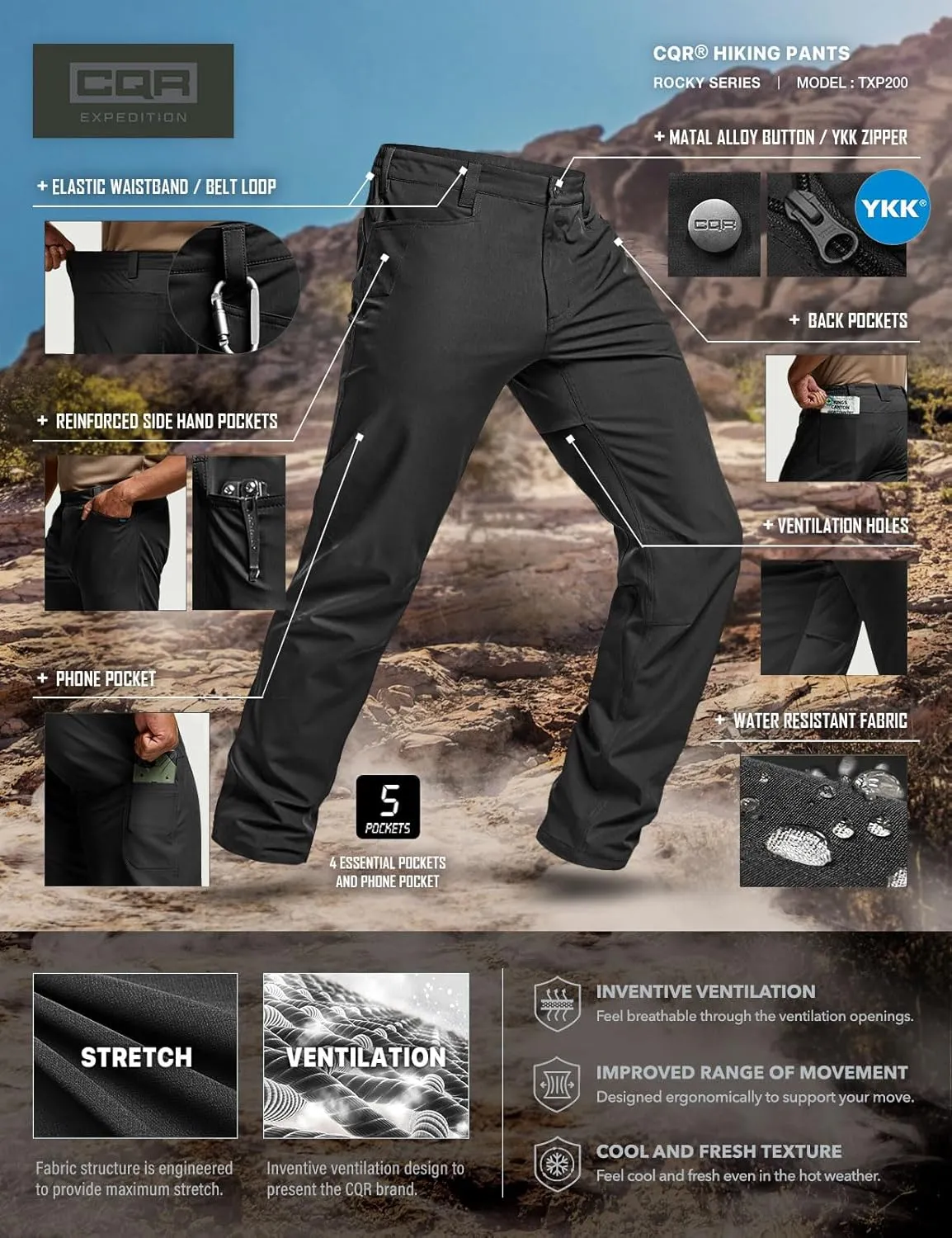 CQR Men's Quick Dry Tactical Pants, Water Resistant Outdoor Pants, Lightweight Stretch Cargo Work Hiking Pants